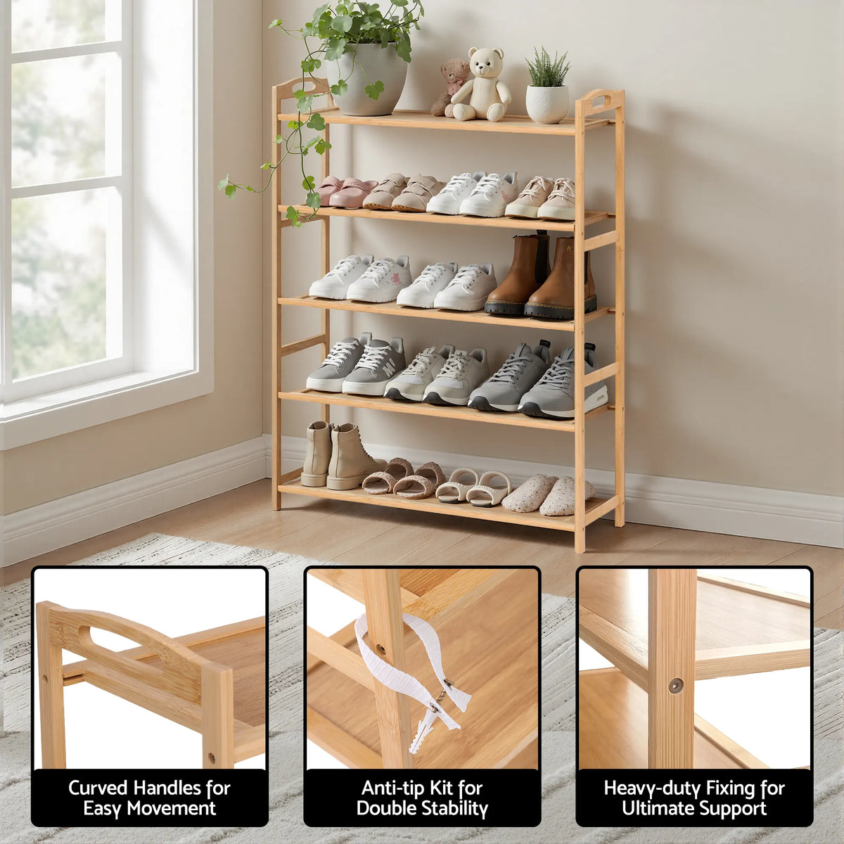 Artiss 5 Tier Shoe Rack Bamboo Storage Organiser Pine - Image 7
