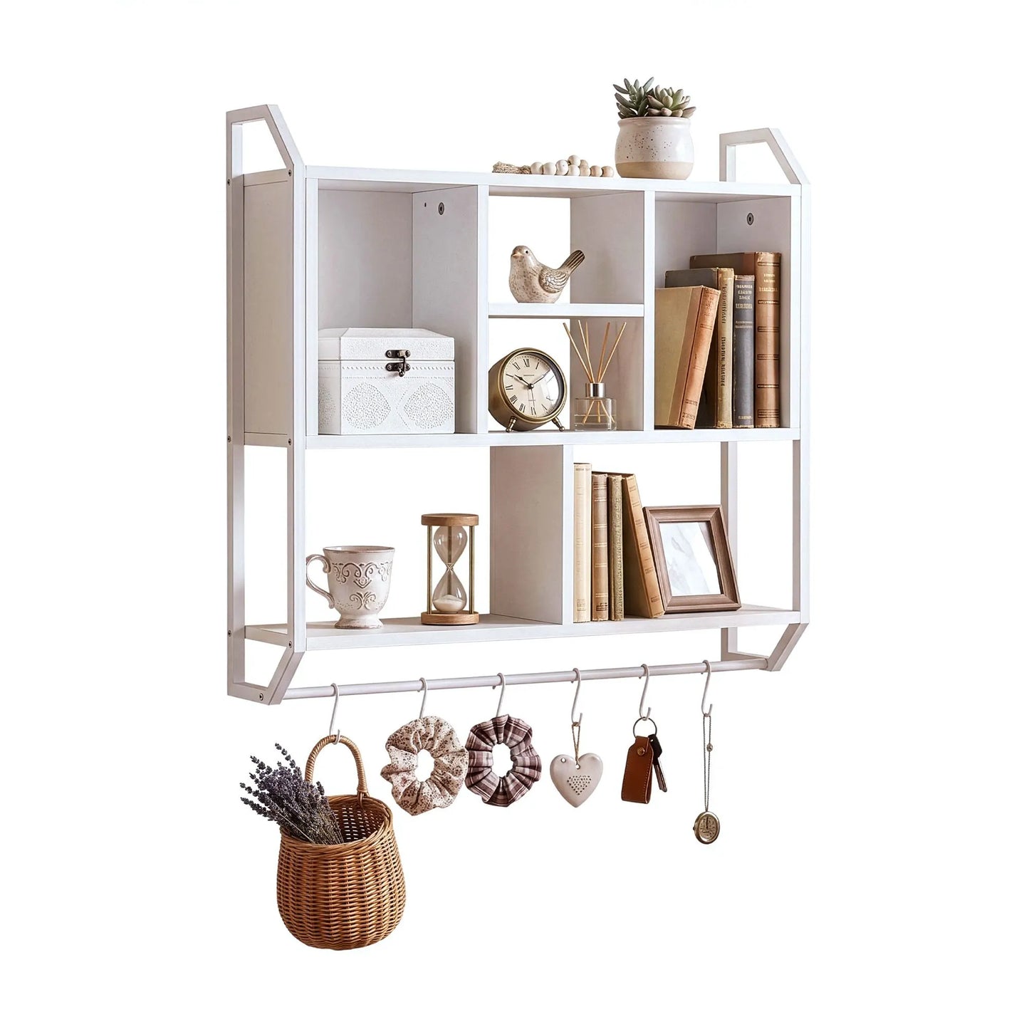 Artiss Floating Wall Shelf 6 Hooks Wall Mounted Storage Cubby Rack 73.5x74CM White - Image 2
