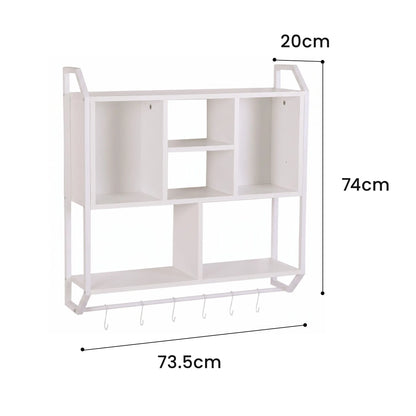 Artiss Floating Wall Shelf 6 Hooks Wall Mounted Storage Cubby Rack 73.5x74CM White - Image 3