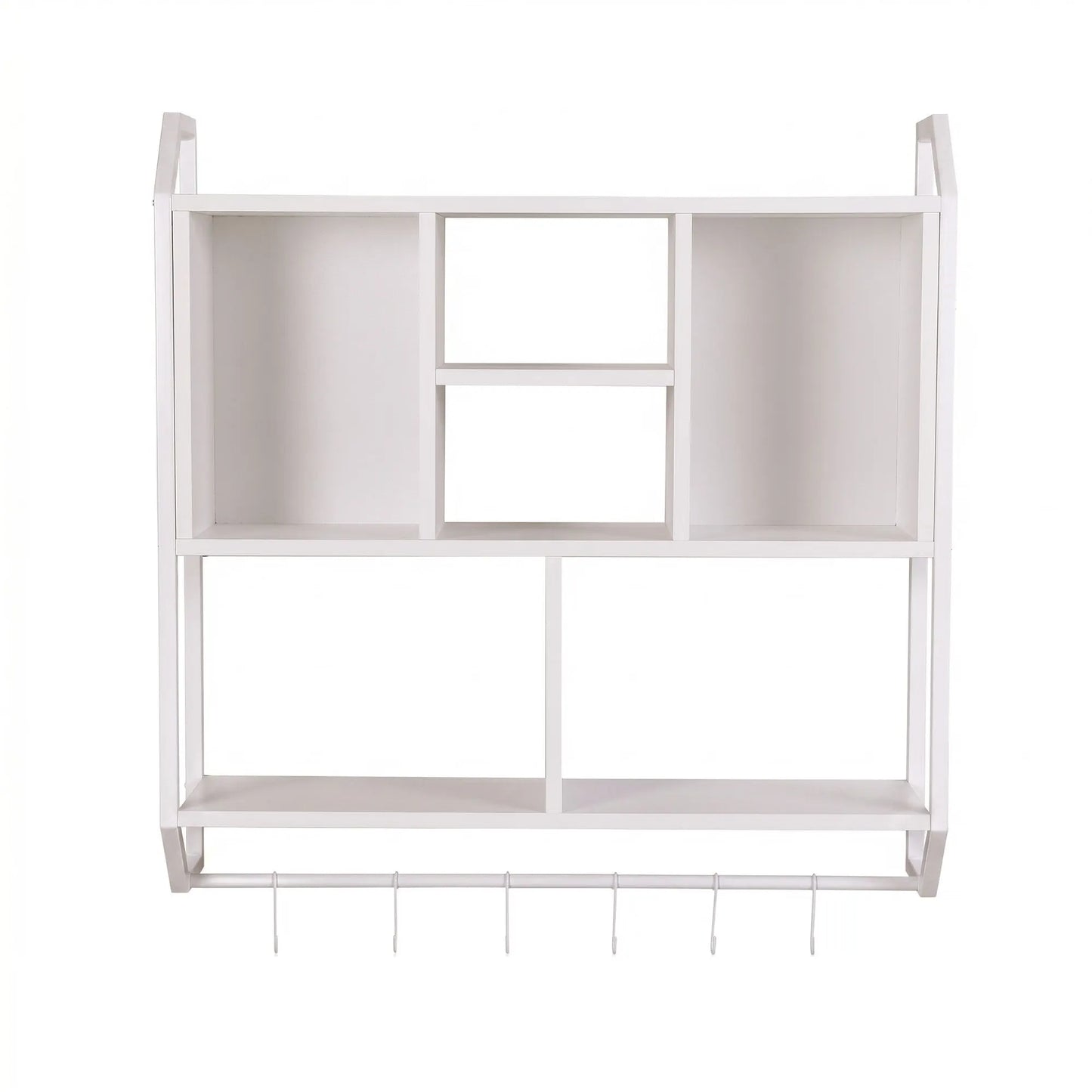 Artiss Floating Wall Shelf 6 Hooks Wall Mounted Storage Cubby Rack 73.5x74CM White - Image 4