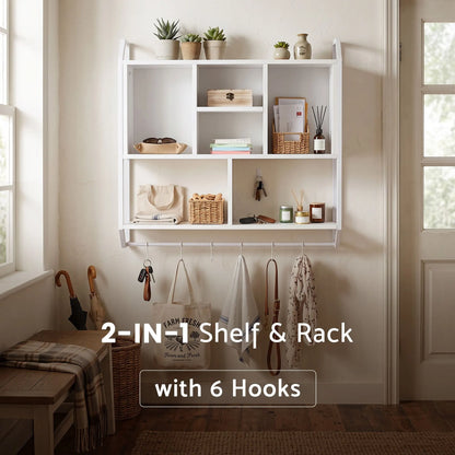 Artiss Floating Wall Shelf 6 Hooks Wall Mounted Storage Cubby Rack 73.5x74CM White - Image 5