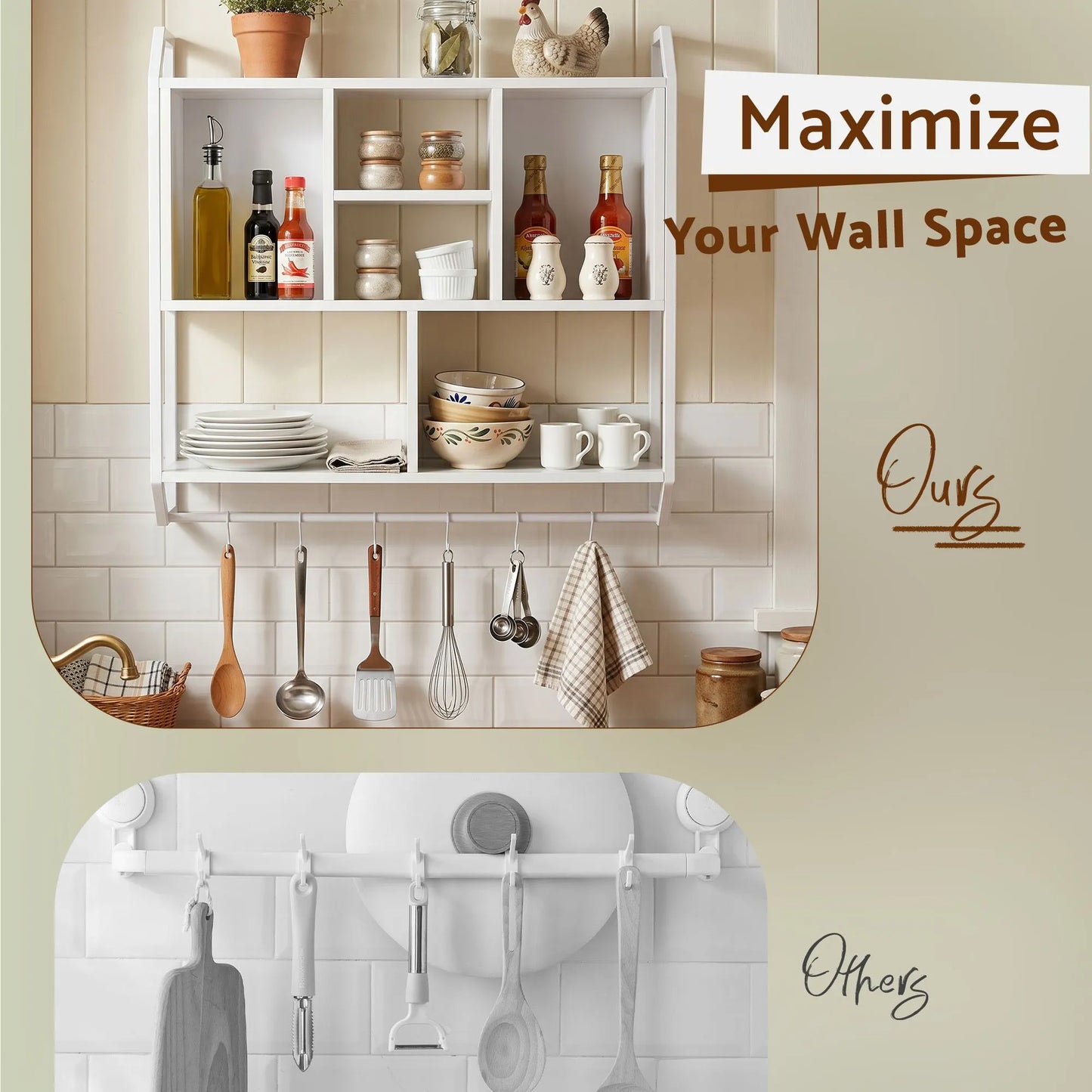 Artiss Floating Wall Shelf 6 Hooks Wall Mounted Storage Cubby Rack 73.5x74CM White - Image 7