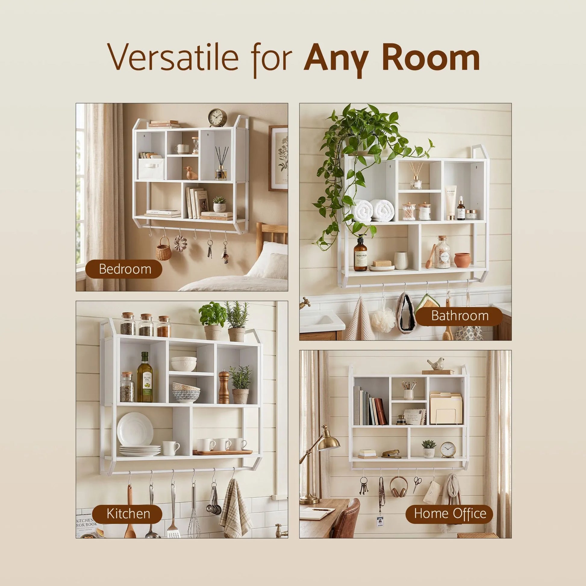 Artiss Floating Wall Shelf 6 Hooks Wall Mounted Storage Cubby Rack 73.5x74CM White - Image 8