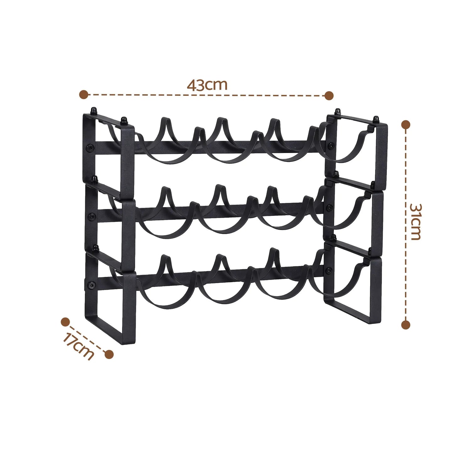 Artiss 3-Tier Wine Rack Metal Freestanding 12 Bottles Modular Countertop Wine Display Shelf Black - Image 3