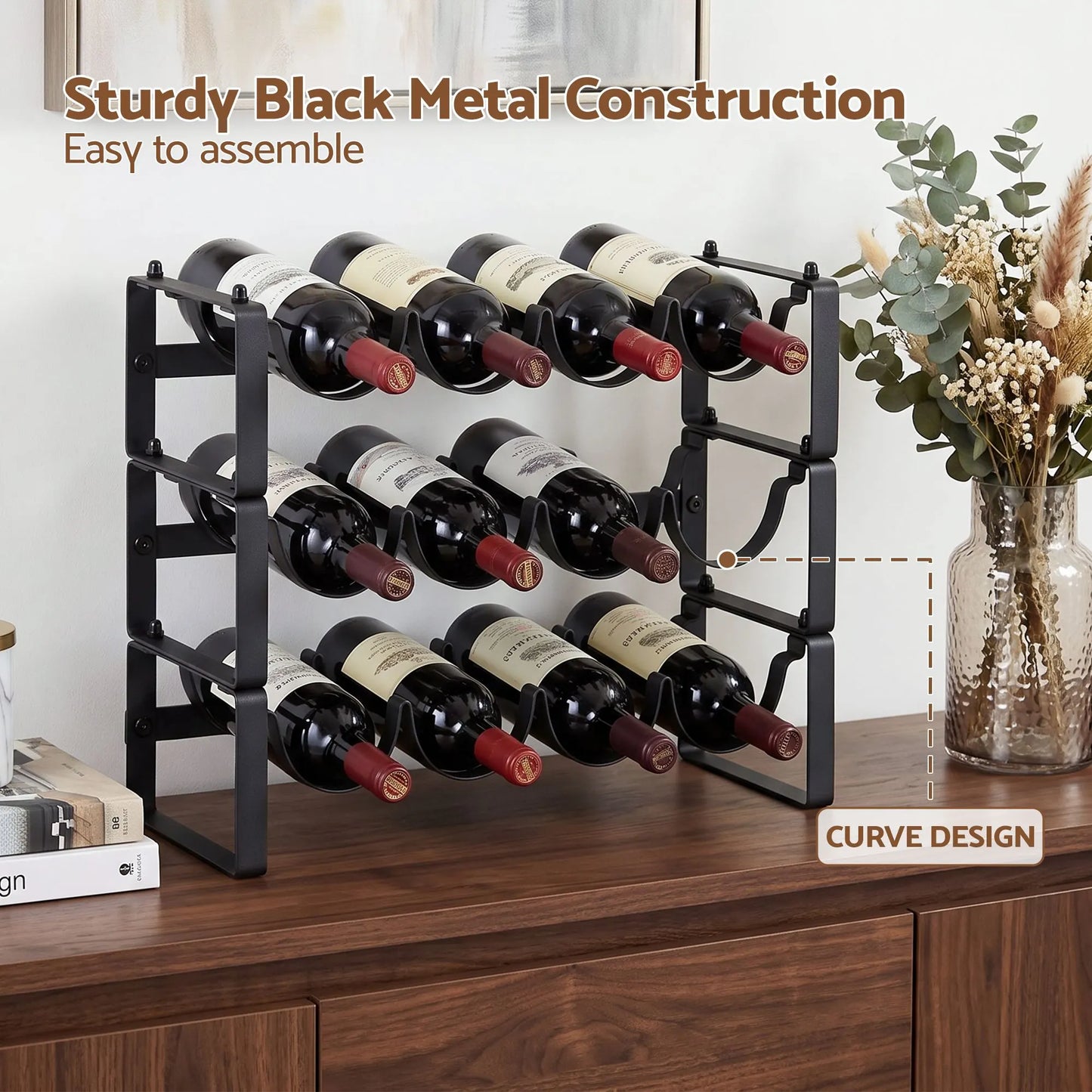 Artiss 3-Tier Wine Rack Metal Freestanding 12 Bottles Modular Countertop Wine Display Shelf Black - Image 7