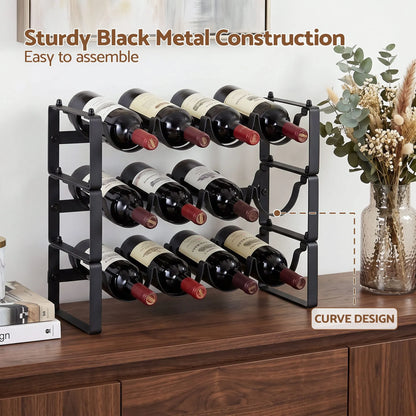 Artiss 3-Tier Wine Rack Metal Freestanding 12 Bottles Modular Countertop Wine Display Shelf Black - Image 7
