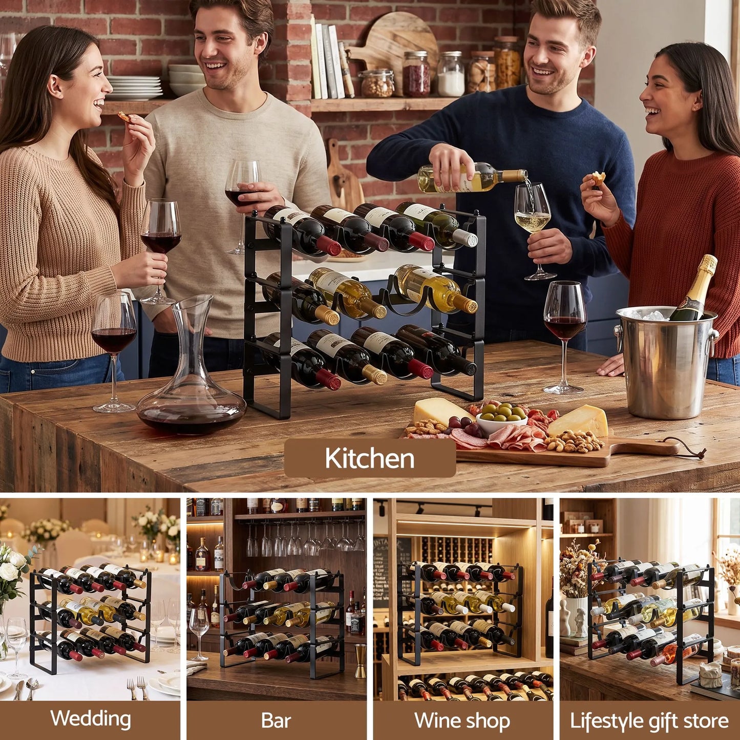 Artiss 3-Tier Wine Rack Metal Freestanding 12 Bottles Modular Countertop Wine Display Shelf Black - Image 8