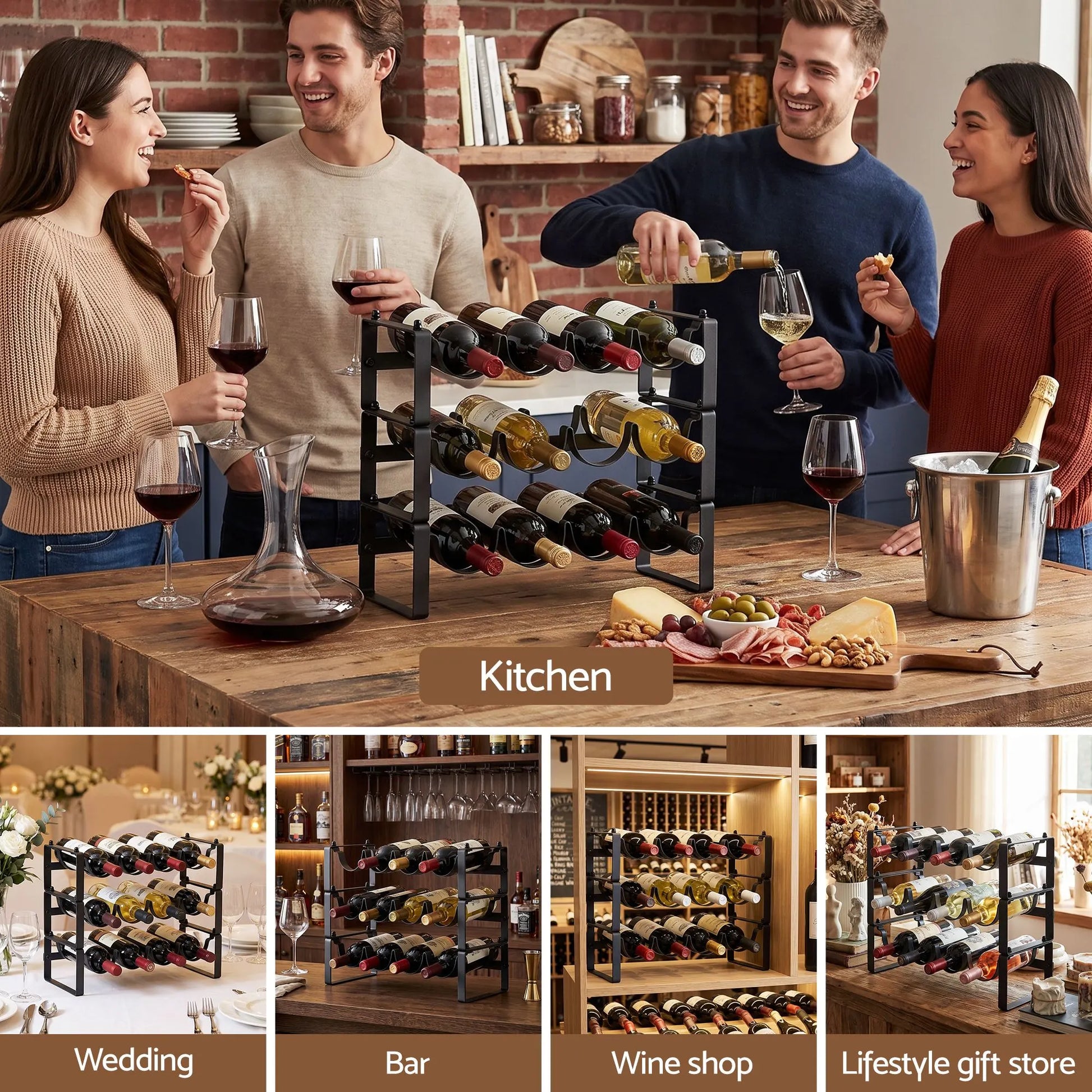 Artiss 3-Tier Wine Rack Metal Freestanding 12 Bottles Modular Countertop Wine Display Shelf Black - Image 8