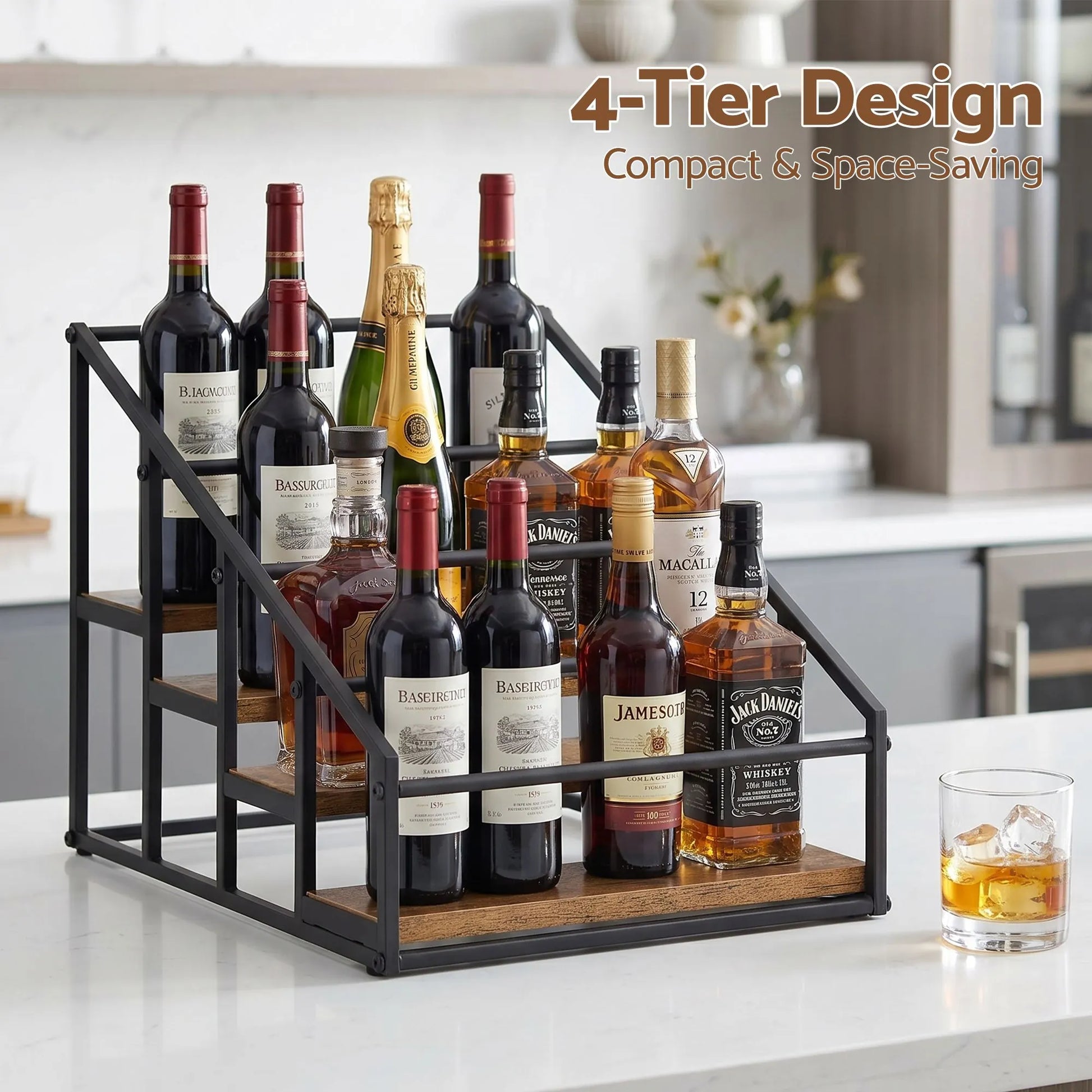 Artiss 4-Tier Wine Rack Tabletop Countertop Wine Bottle Holder 16 Bottles Freestanding Black & Wood - Image 5