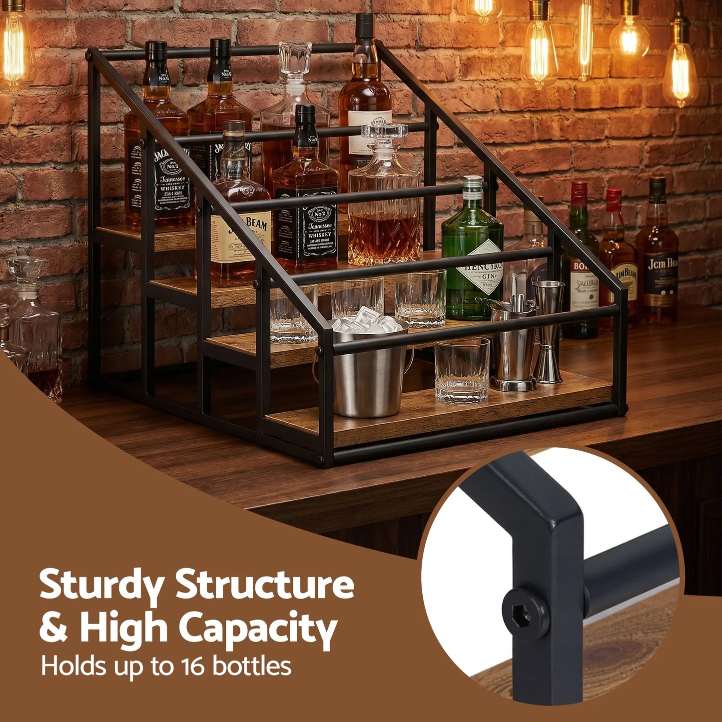 Artiss 4-Tier Wine Rack Tabletop Countertop Wine Bottle Holder 16 Bottles Freestanding Black & Wood - Image 6