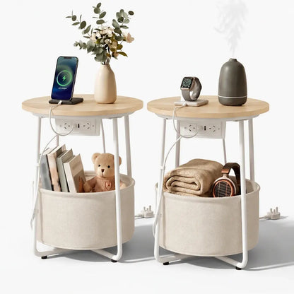 Artiss Set of 2 Round Coffee Table Bedside Side End Table Charging Station Storage Basket - Image 2