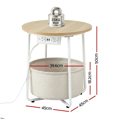 Artiss Set of 2 Round Coffee Table Bedside Side End Table Charging Station Storage Basket - Image 3