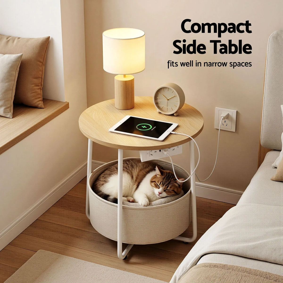 Artiss Set of 2 Round Coffee Table Bedside Side End Table Charging Station Storage Basket - Image 5