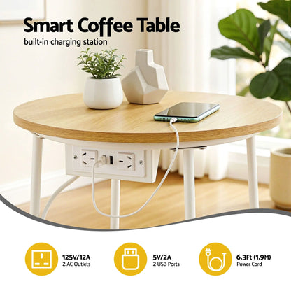 Artiss Set of 2 Round Coffee Table Bedside Side End Table Charging Station Storage Basket - Image 6