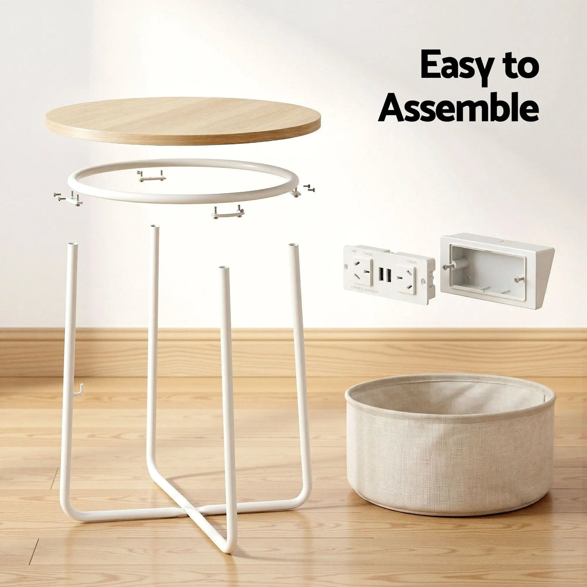 Artiss Set of 2 Round Coffee Table Bedside Side End Table Charging Station Storage Basket - Image 8