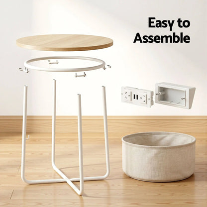 Artiss Set of 2 Round Coffee Table Bedside Side End Table Charging Station Storage Basket - Image 8
