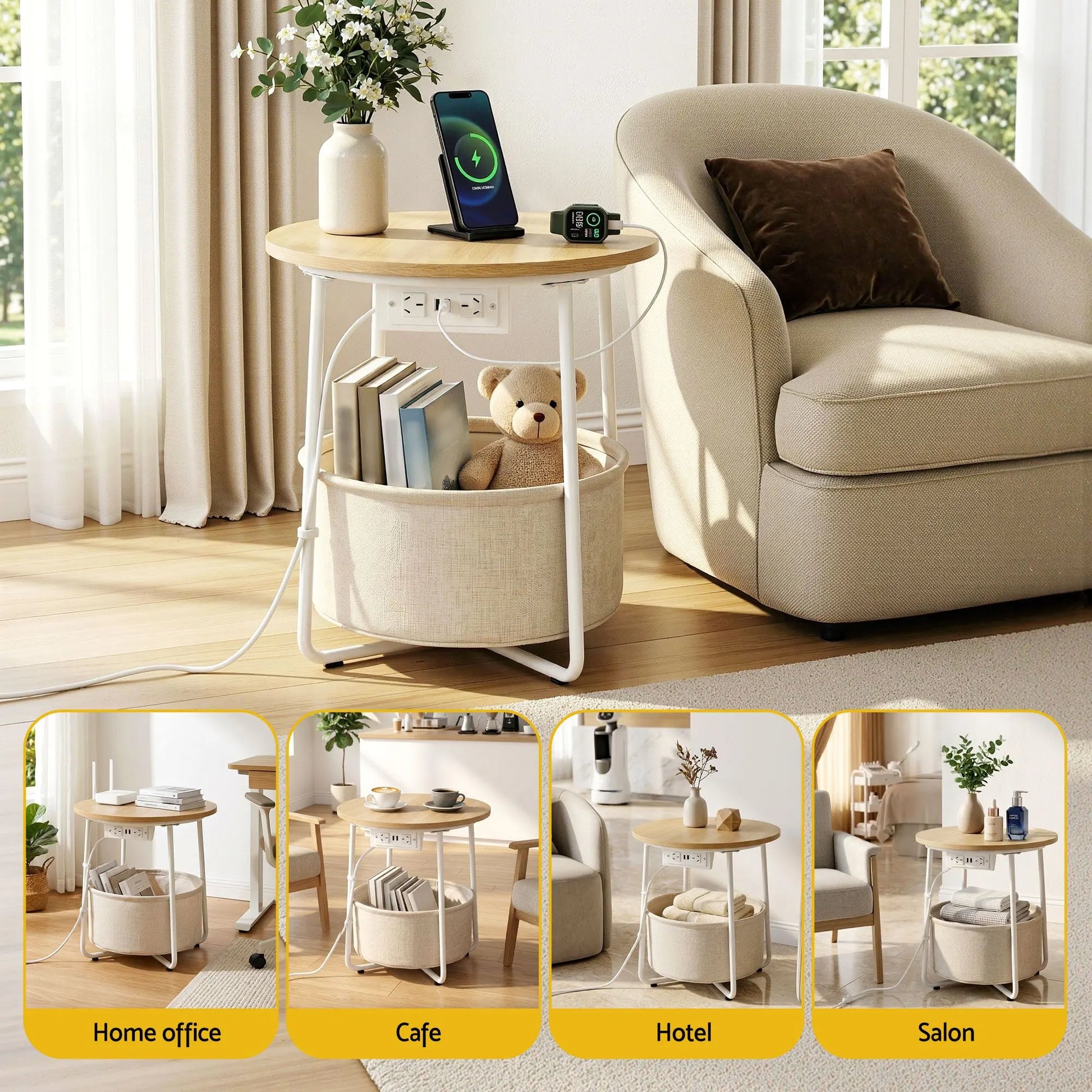 Artiss Set of 2 Round Coffee Table Bedside Side End Table Charging Station Storage Basket - Image 9