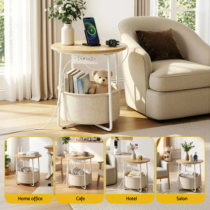 Artiss Set of 2 Round Coffee Table Bedside Side End Table Charging Station Storage Basket - Image 9