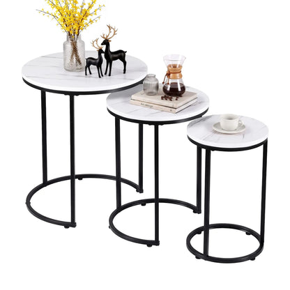 Artiss Nesting Coffee Table Set of 3 Round Stackable Side End Tables Marble Finish White - Image 2