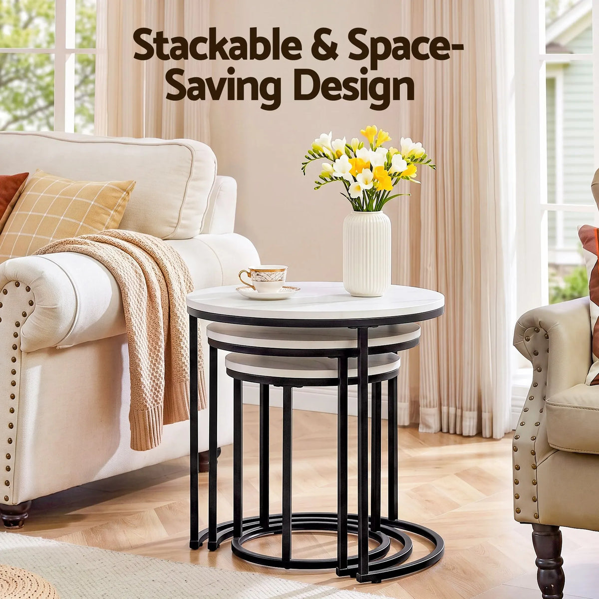 Artiss Nesting Coffee Table Set of 3 Round Stackable Side End Tables Marble Finish White - Image 6