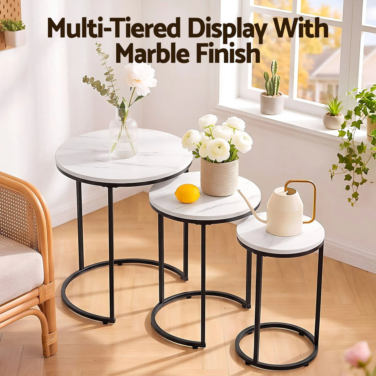 Artiss Nesting Coffee Table Set of 3 Round Stackable Side End Tables Marble Finish White - Image 7