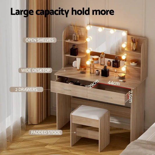 Artiss Dressing Table Set Stool 10 Led Bulbs Wood - Image 6