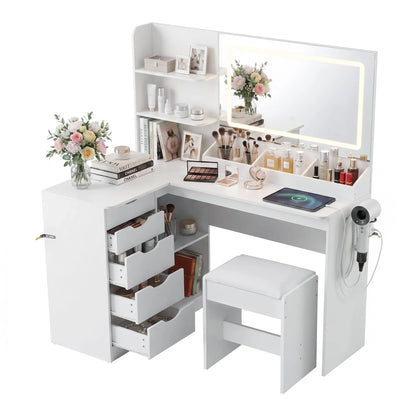 Artiss Dressing Table Corner Vanity Desk Set Stool LED Charging Station White - Image 2