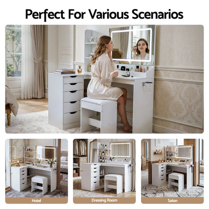 Artiss Dressing Table Corner Vanity Desk Set Stool LED Charging Station White - Image 9