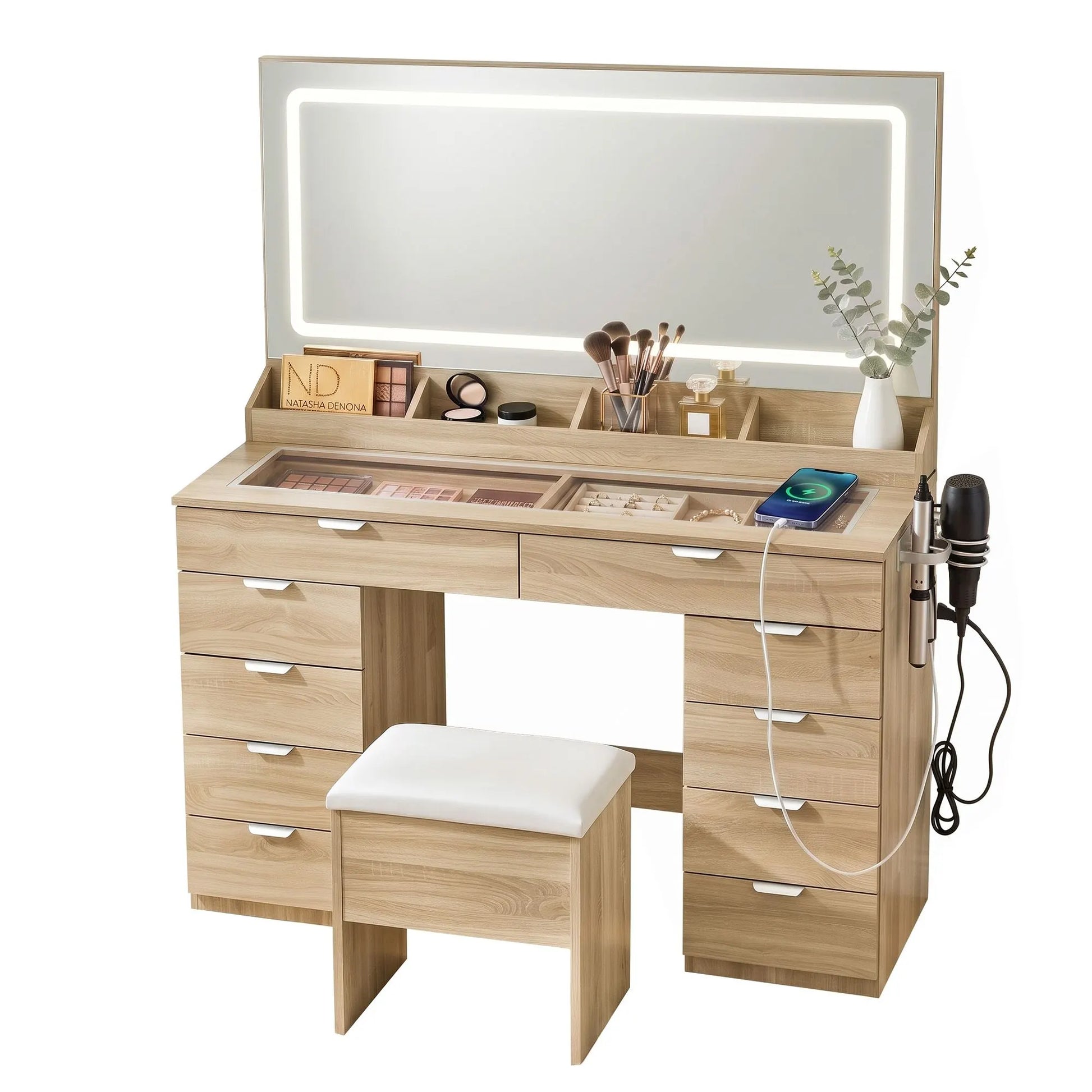 Artiss Dressing Table Makeup Vanity Desk Large LED Mirror 10 Drawers Power Outlet Hair Dryer Holder Hook Wood - Image 2