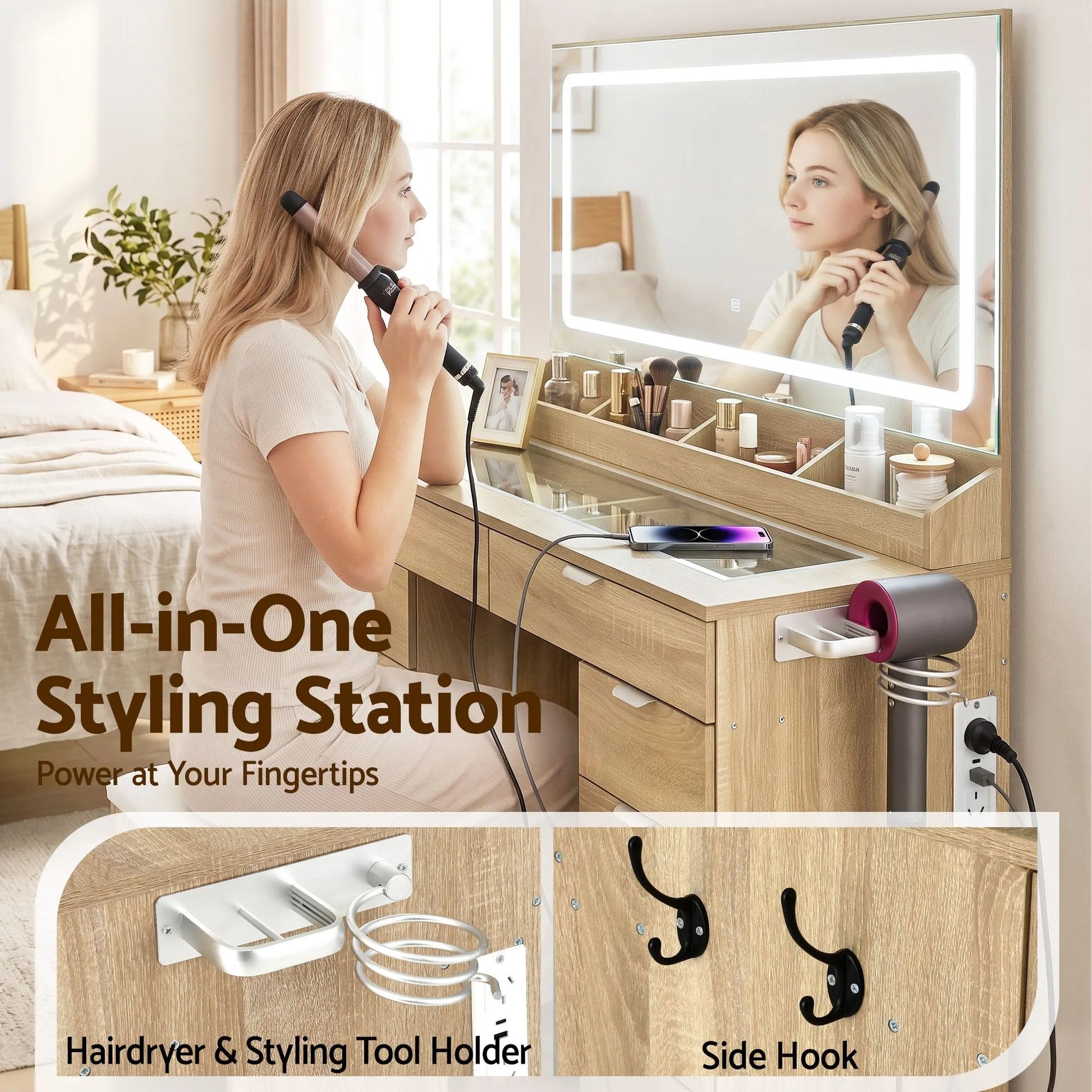 Artiss Dressing Table Makeup Vanity Desk Large LED Mirror 10 Drawers Power Outlet Hair Dryer Holder Hook Wood - Image 7