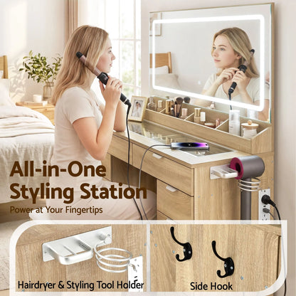 Artiss Dressing Table Makeup Vanity Desk Large LED Mirror 10 Drawers Power Outlet Hair Dryer Holder Hook Wood - Image 7