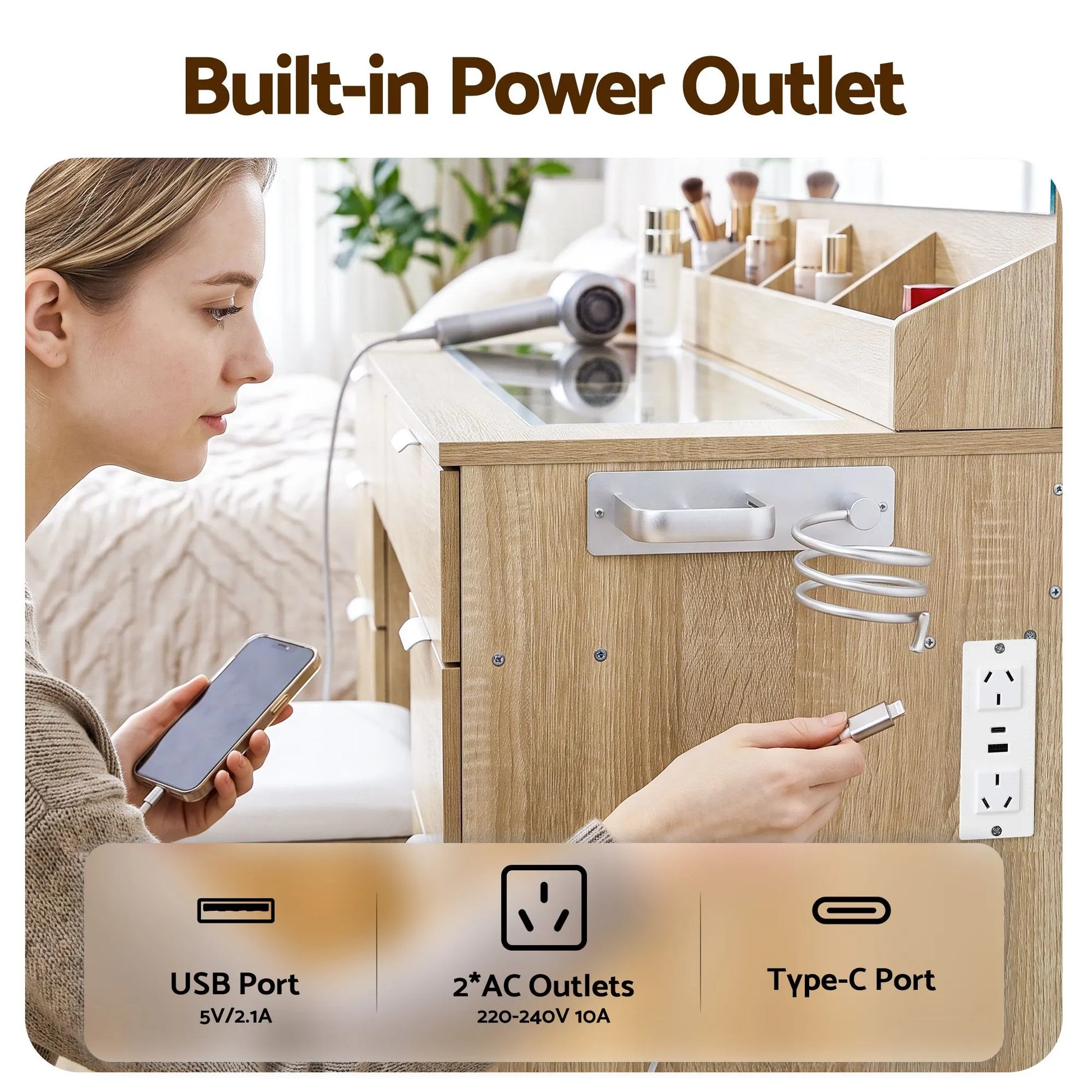 Artiss Dressing Table Makeup Vanity Desk Large LED Mirror 10 Drawers Power Outlet Hair Dryer Holder Hook Wood - Image 8
