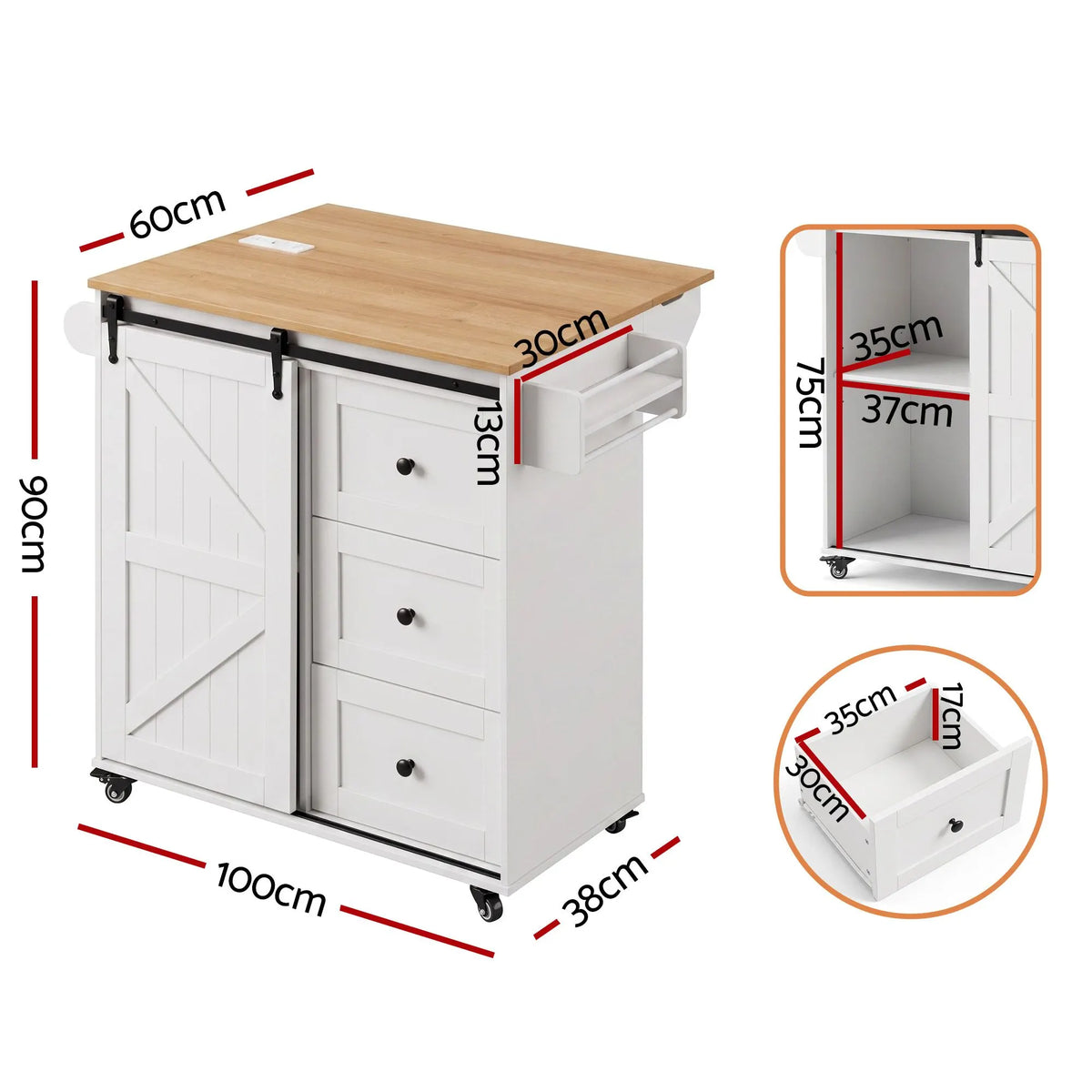 Artiss Kitchen Island Trolley Rolling Serving Cart Storage Drawer Cabinet 100cm - Image 3