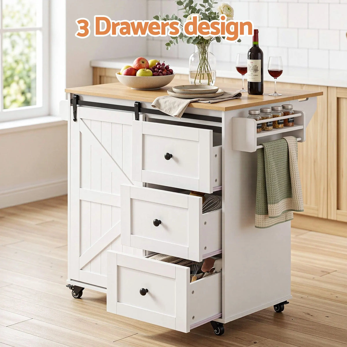 Artiss Kitchen Island Trolley Rolling Serving Cart Storage Drawer Cabinet 100cm - Image 7