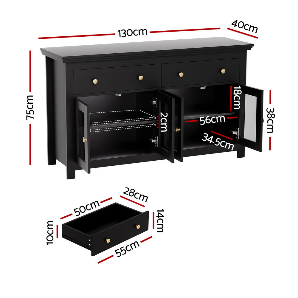 Artiss Buffet Sideboard Storage Cabinet Kitchen Cupboard Clear Door Drawer Black - Image 3