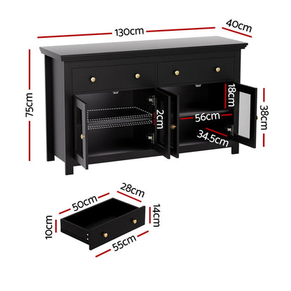 Artiss Buffet Sideboard Storage Cabinet Kitchen Cupboard Clear Door Drawer Black - Image 3