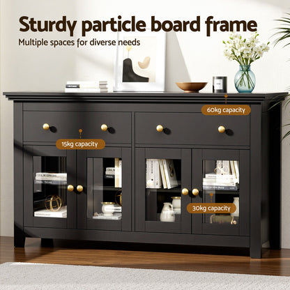 Artiss Buffet Sideboard Storage Cabinet Kitchen Cupboard Clear Door Drawer Black - Image 5