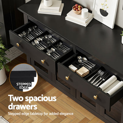 Artiss Buffet Sideboard Storage Cabinet Kitchen Cupboard Clear Door Drawer Black - Image 6