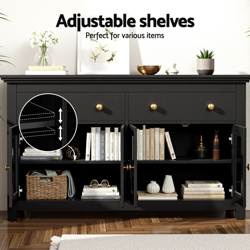 Artiss Buffet Sideboard Storage Cabinet Kitchen Cupboard Clear Door Drawer Black - Image 7