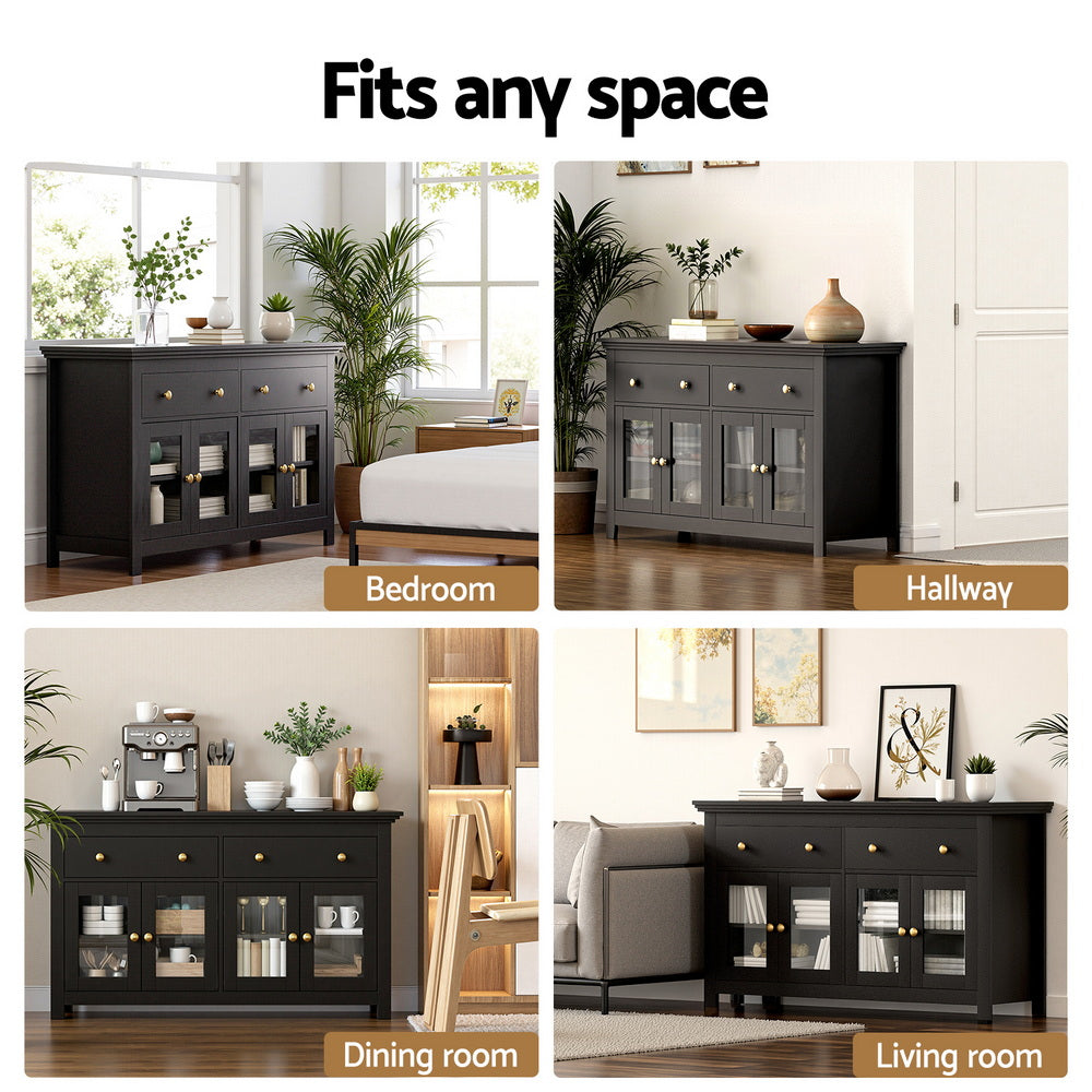 Artiss Buffet Sideboard Storage Cabinet Kitchen Cupboard Clear Door Drawer Black - Image 9