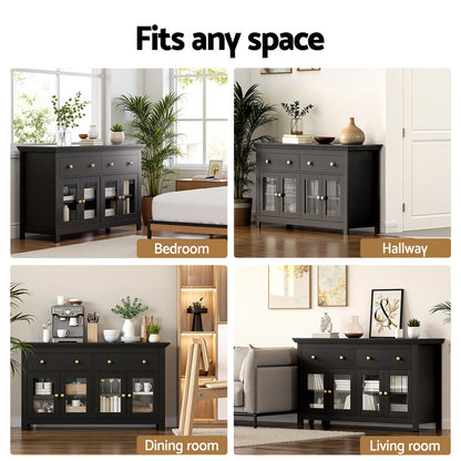Artiss Buffet Sideboard Storage Cabinet Kitchen Cupboard Clear Door Drawer Black - Image 9