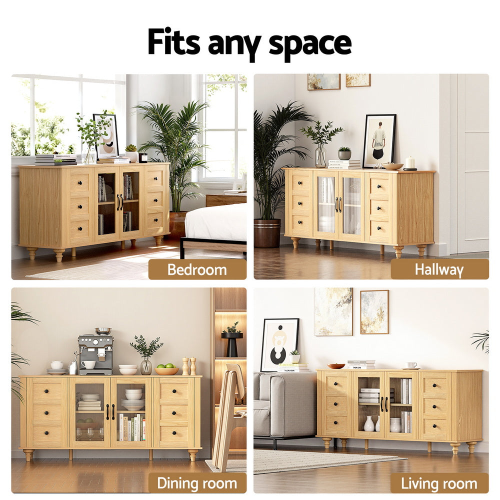 Artiss Buffet Sideboard Storage Cabinet Kitchen Cupboard Faux Drawer 150CM Pine - Image 9