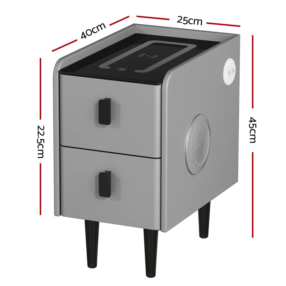 Artiss Smart Bedside Table 2 Drawers with Wireless Charging Ports LED Grey AIDA - Image 2