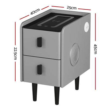 Artiss Smart Bedside Table 2 Drawers with Wireless Charging Ports LED Grey AIDA - Image 2