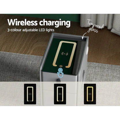 Artiss Smart Bedside Table 2 Drawers with Wireless Charging Ports LED Grey AIDA - Image 4