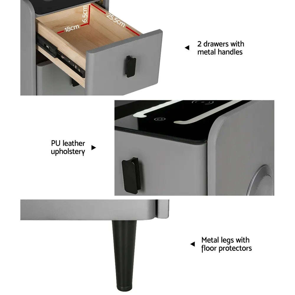 Artiss Smart Bedside Table 2 Drawers with Wireless Charging Ports LED Grey AIDA - Image 6