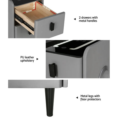 Artiss Smart Bedside Table 2 Drawers with Wireless Charging Ports LED Grey AIDA - Image 6
