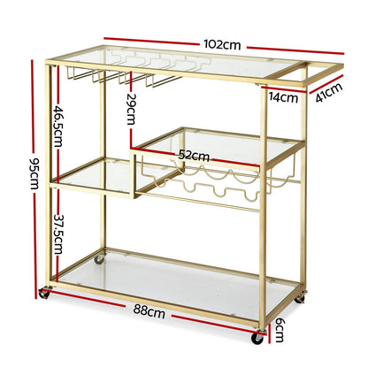 Artiss Bar Cart Drink Trolley Serving Cocktail Wine Rack Glass Holder 102cm Gold - Image 3