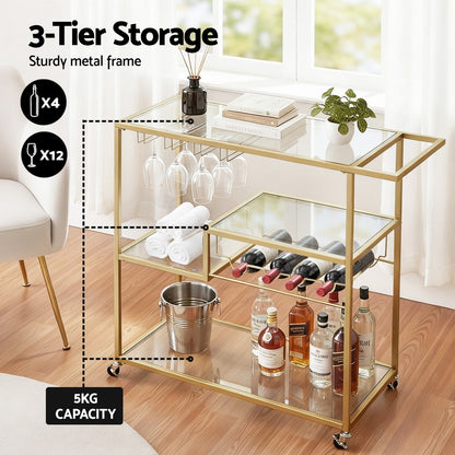 Artiss Bar Cart Drink Trolley Serving Cocktail Wine Rack Glass Holder 102cm Gold - Image 5