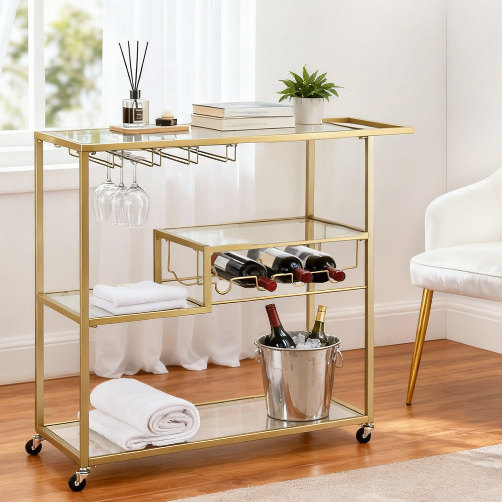 Artiss Bar Cart Drink Trolley Serving Cocktail Wine Rack Glass Holder 102cm Gold - Image 8